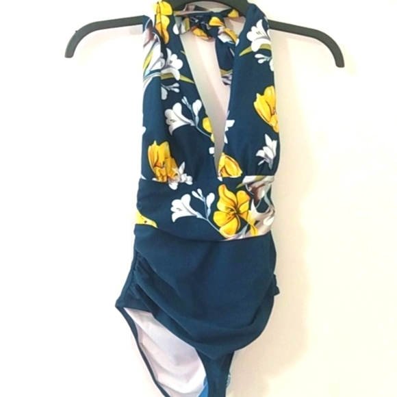 CUPSHE TEAL YELLOW FLORAL HALTER TIE PLUNGE V-NECK SWIMSUIT SIZE SMALL NWT - Picture 5 of 7